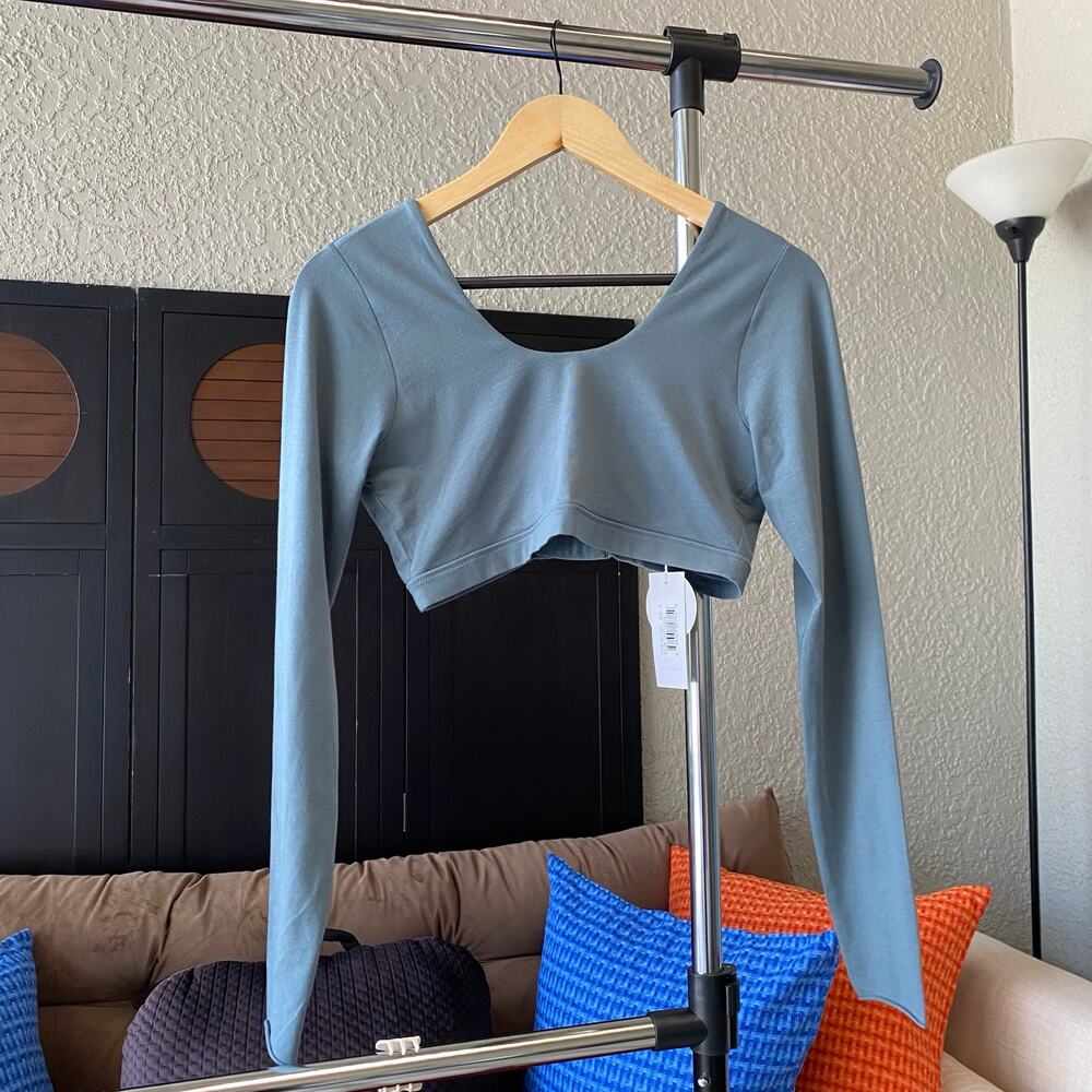skin Rhya Longsleeve Bra Top Crop Dusty Aqua Medium Deep Rounded Neckline
